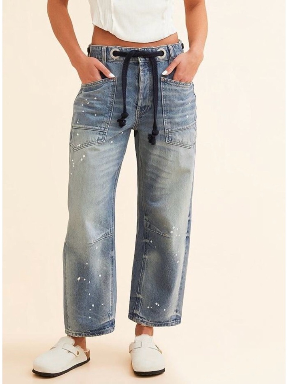 Free People Moxie Low Slung Pull On Barrel Jeans in Timeless Blue